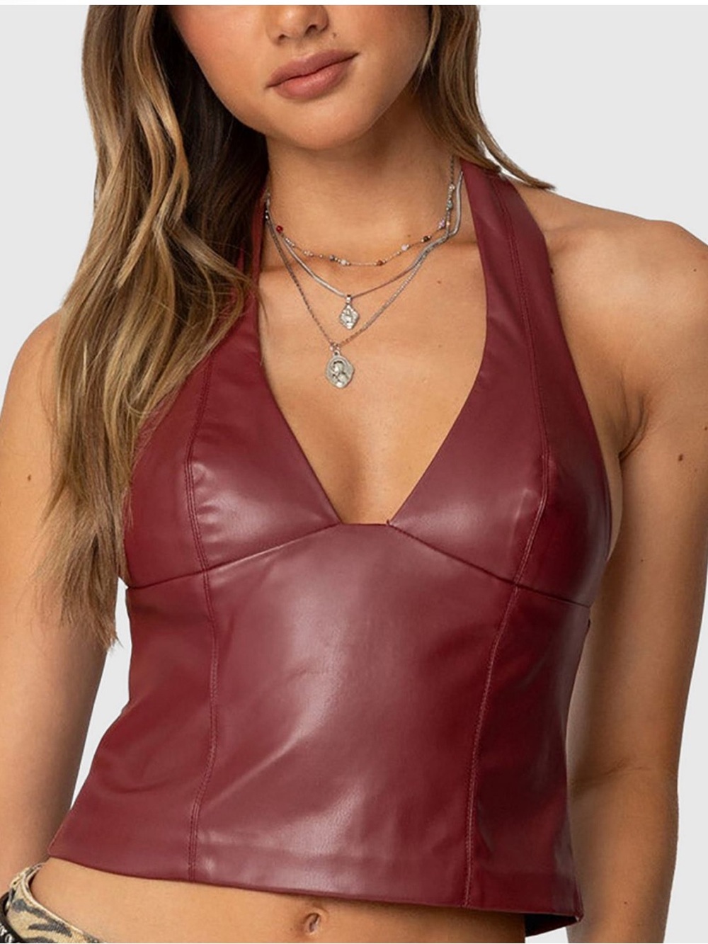 Edikted Tana Faux Leather Halter Top Burgundy Size Medium